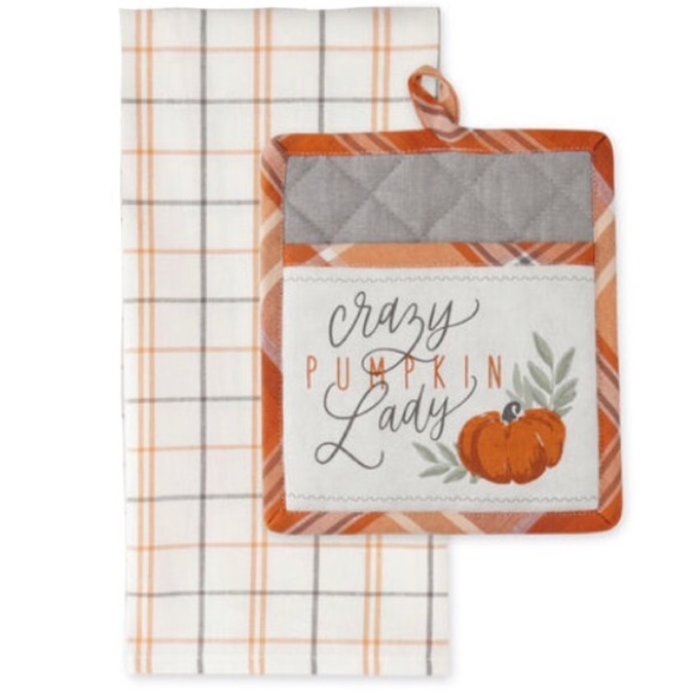 Fall Autumn Crazy Pumpkin Lady Halloween Kitchen Potholder Dish Towel Set Decor